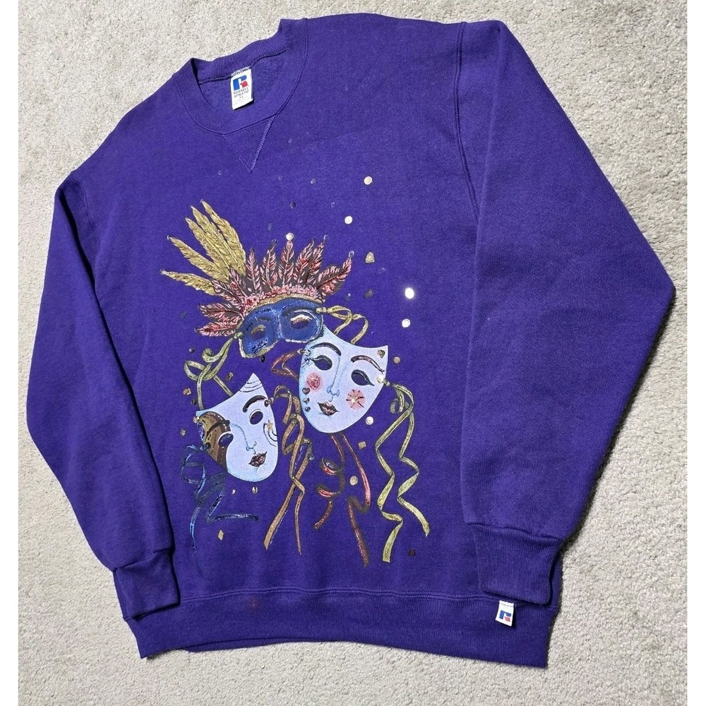 80s Vintage Mardi Gras Sweatshirt Mens XL Purple Russell‎ Athletic Made In USA - Picture 9 of 16